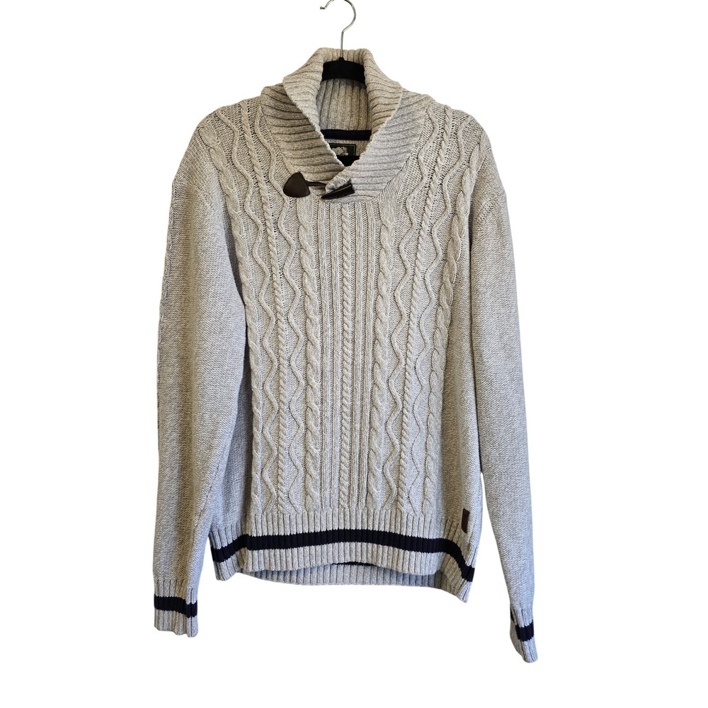 Roots Canada Mens XL Shawl Collar Toggle Cable Knit Sweater Gray Navy Striped